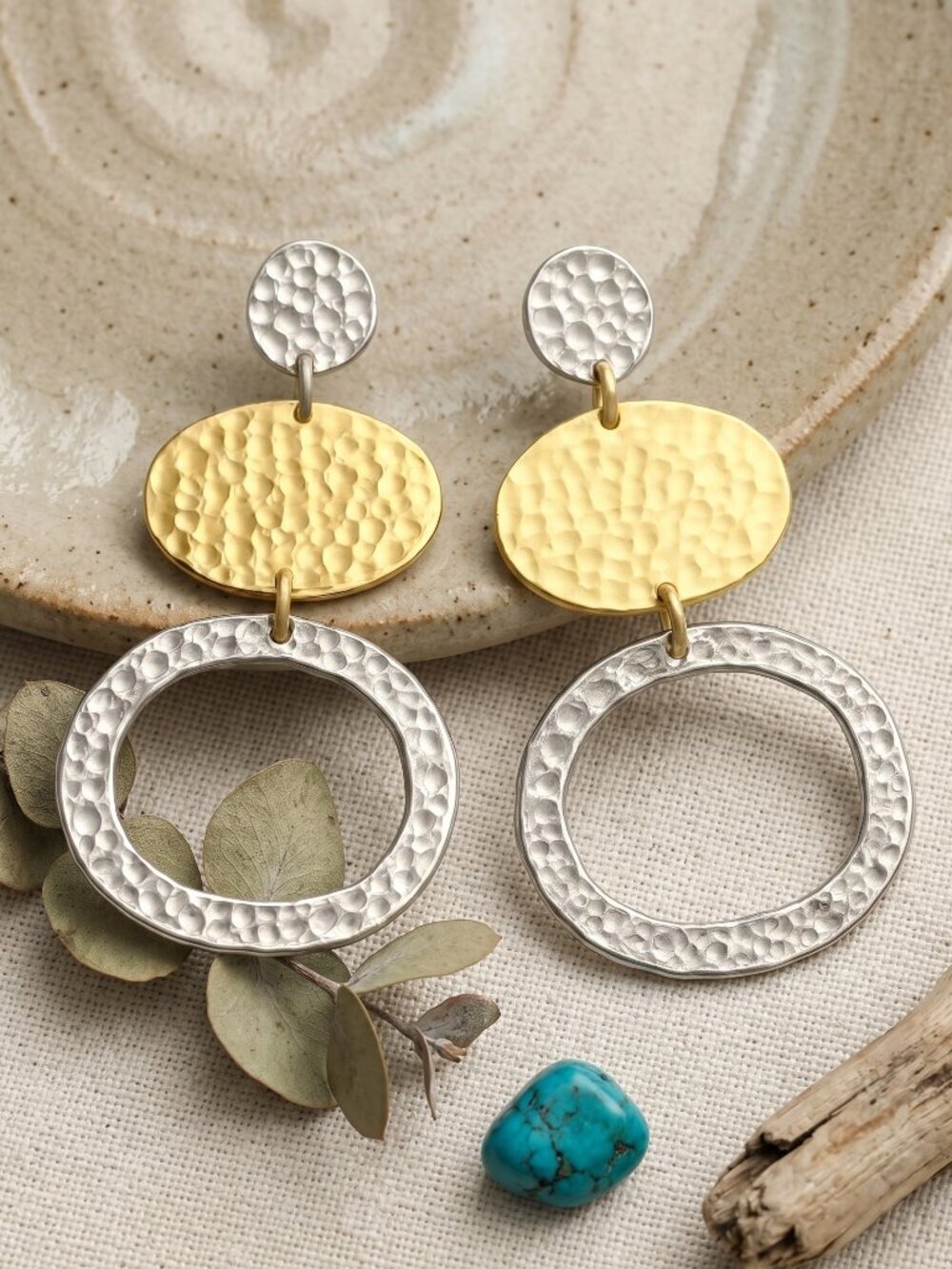 18K Gold Plated Silver Hammered Boho Geometric Statement Drop Earrings 2.6in